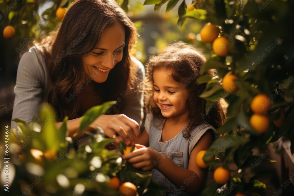Mother and daughter time picking fruit and happiness. AI generative - obrazy, fototapety, plakaty 