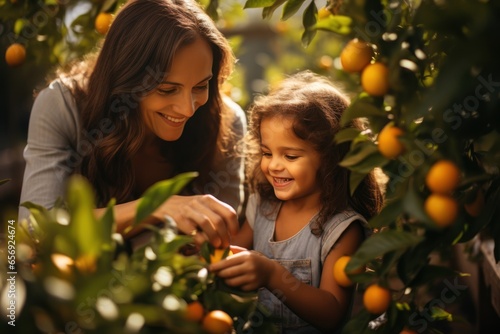 Fotografie, Obraz Mother and daughter time picking fruit and happiness