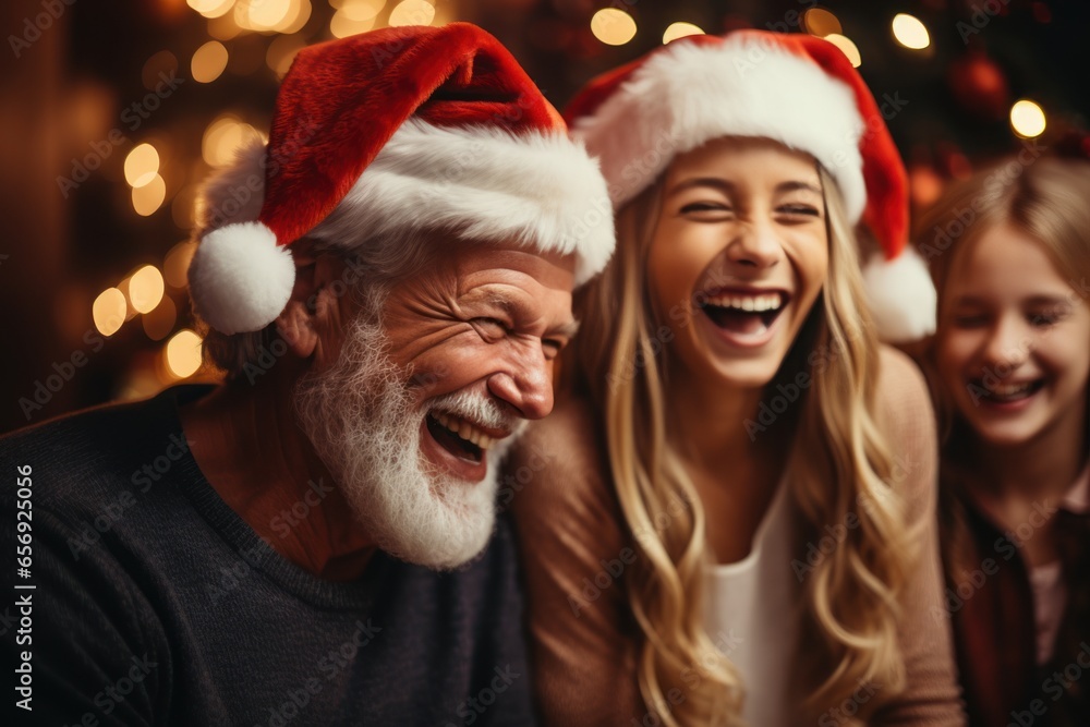 Cute Family Santa Claus hats laughing on sofa in Christmas room. Ai generative Cute Family Santa Claus hats laughing on sofa in Christmas room. Ai generative