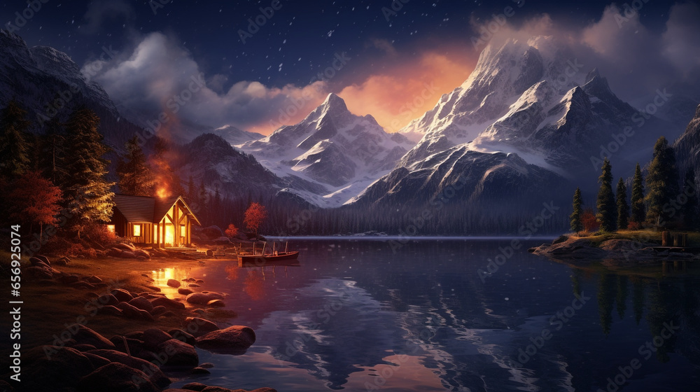 A serene mountain lake surrounded by snow - capped peaks, a solitary cabin by the water's edge, a cozy fire burning inside