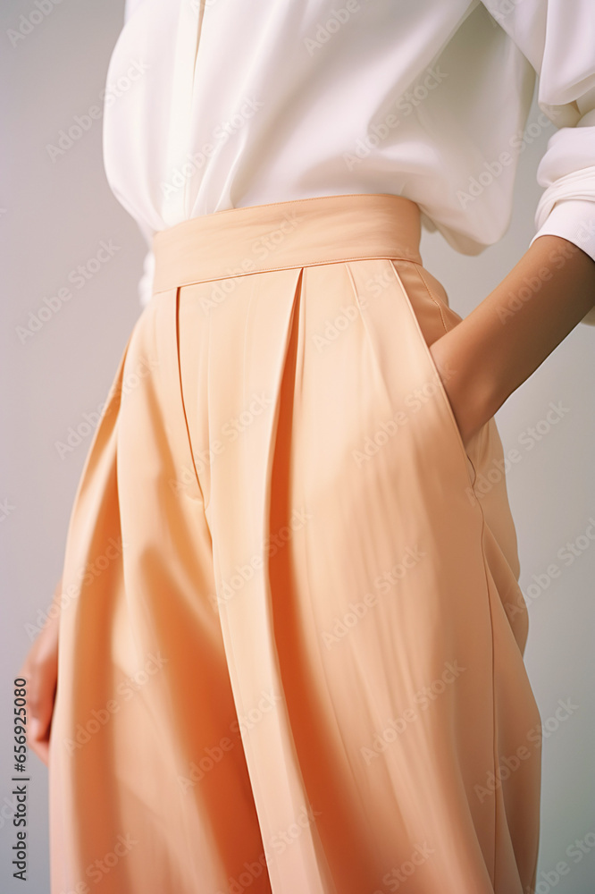Stylish apricot summer fashion with a confident Caucasian woman indoors.