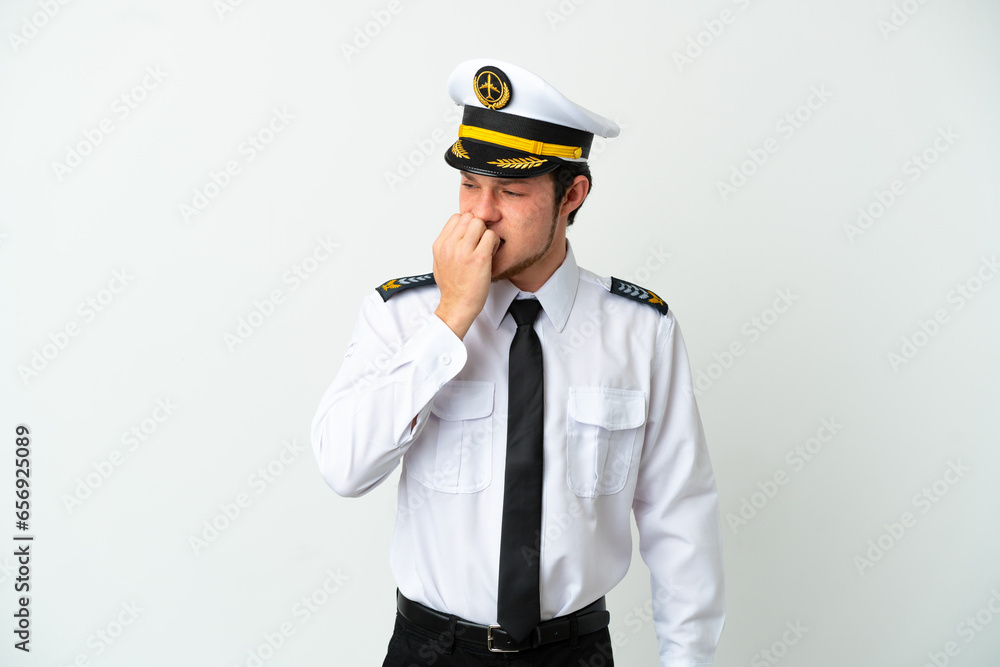 Airplane Russian pilot isolated on white background having doubts Airplane Russian pilot isolated on white background having doubts