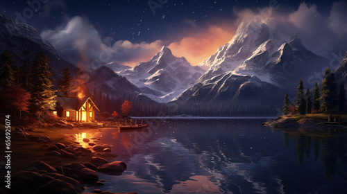 A serene mountain lake surrounded by snow - capped peaks, a solitary cabin by the water's edge, a cozy fire burning inside