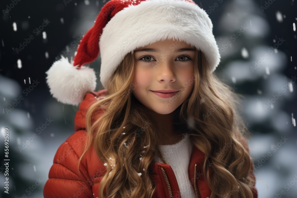 Cute girl in Santa Claus hats laughing in Christmas room. Ai generative Cute girl in Santa Claus hats laughing in Christmas room. Ai generative