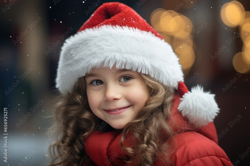 Cute girl in Santa Claus hats laughing in Christmas room. Ai generative Cute girl in Santa Claus hats laughing in Christmas room. Ai generative