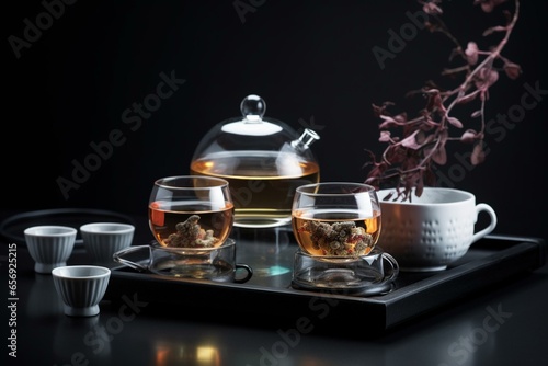 Elegant tea presentation featuring a fashionable teapot and glasses. Generative AI