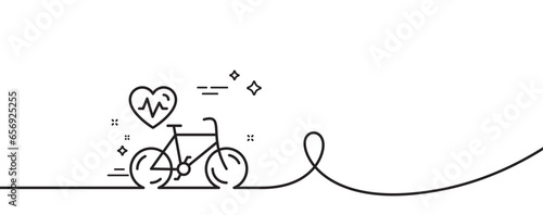 Cardio bike training line icon. Continuous one line with curl. Bicycle exercise sign. Gym fit heartbeat symbol. Cardio bike single outline ribbon. Loop curve pattern. Vector