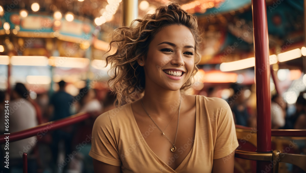 Fototapeta premium Beautiful happy young woman smiling on a carousel at Luna Park 