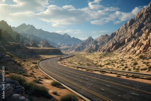 A realistic painting of a highway stretching through a vast desert landscape. This artwork captures the solitude and endlessness of the desert, creating a sense of freedom and adventure. Perfect for t