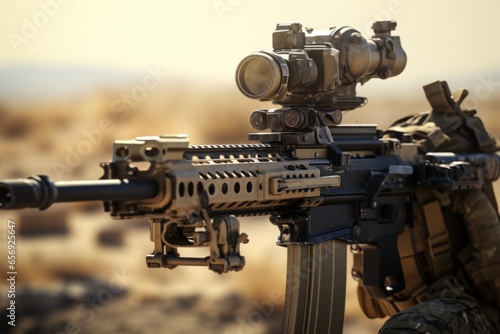 A machine gun with a red dot sight attached. This image can be used to depict military or law enforcement themes.