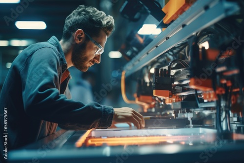 A man can be seen working on a computer in a factory. This image can be used to depict technology and automation in industrial settings.
