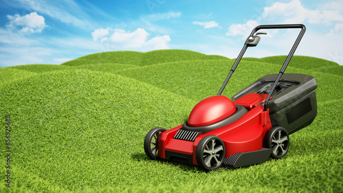 Generic lawnmover on green terrain covered with grass. 3D illustration