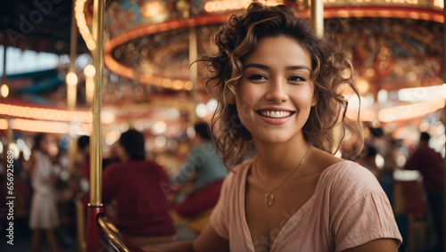 Beautiful happy young woman smiling on a carousel at Luna Park  © Amir Bajric