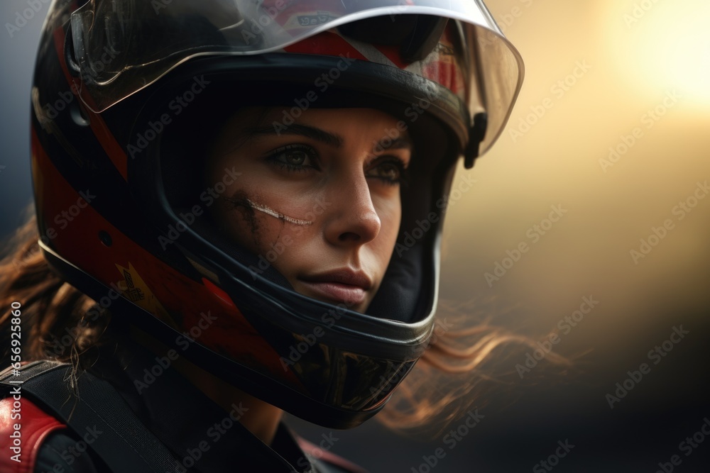 A woman wearing a helmet and a leather jacket. Perfect for motorcycle enthusiasts or outdoor adventure concepts. A woman wearing a helmet and a leather jacket. Perfect for motorcycle enthusiasts or outdoor adventure concepts.