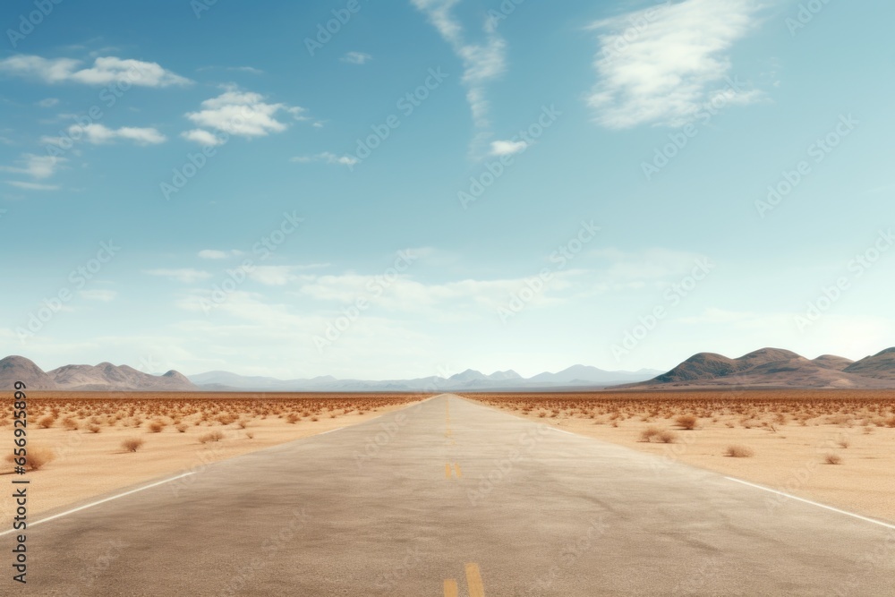 An image of an empty road stretching through the vast desert landscape. Perfect for travel and adventure themes.