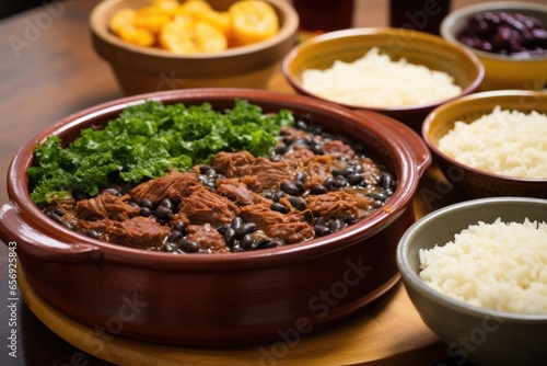 a two-section serving tray with feijoada and rice