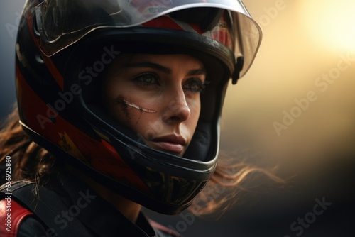 A woman wearing a helmet and a leather jacket. Perfect for motorcycle enthusiasts or outdoor adventure concepts.