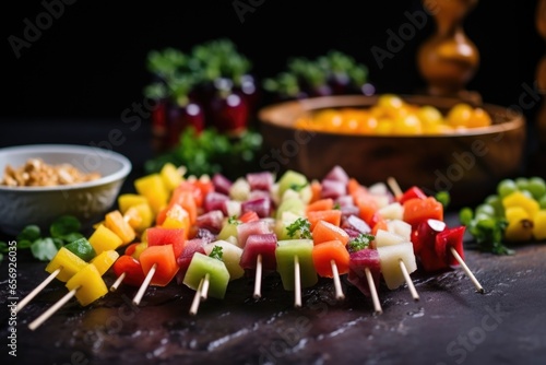 skewers filled with diverse diced fruits, arranged like a rainbow photo