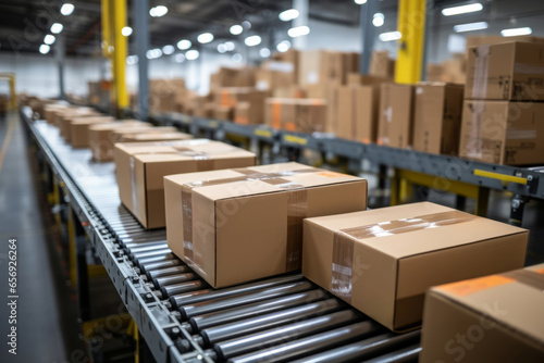 Cardboard boxes on roller conveyor at warehouse. Shipment boxes. Storage warehouse © zamuruev