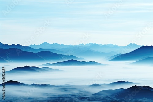 A customizable banner in varying shades of blue, showcasing mountains shrouded in clouds, offering a versatile canvas for your message or design. Photorealistic illustration © DIMENSIONS