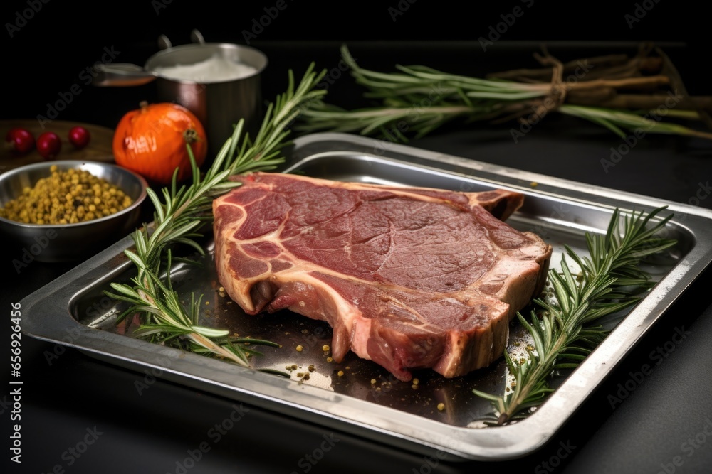 t-bone steak on a metal tray with rosemary sprigs