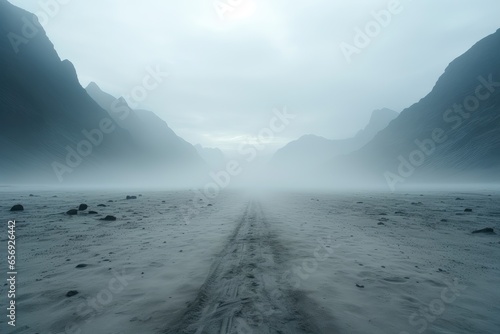 A wintry background image showcasing a foggy path winding between snow-covered mountains, creating a serene and slightly mysterious setting. Photorealistic illustration