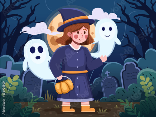 Halloween vector illustration featuring a little girl wearing a witch costume and carrying a candy bag. She's surrounded by spooky ghosts, and the full moon adds an eerie glow to the night.