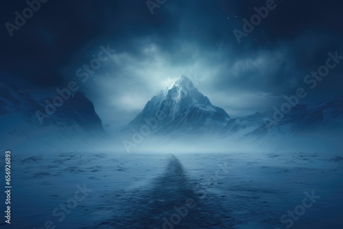 In this mythical background image, a mystical path leads towards a radiant, glowing mountain under a starry night sky, evoking a sense of enchantment and wonder. Photorealistic illustration © DIMENSIONS