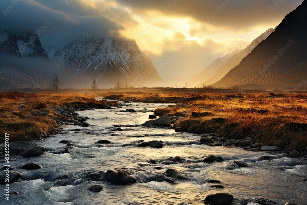 In this picturesque background landscape image, a serene river flowing through a pristine valley, bathed in the warm, golden hues of a tranquil sunset. Photorealistic illustration