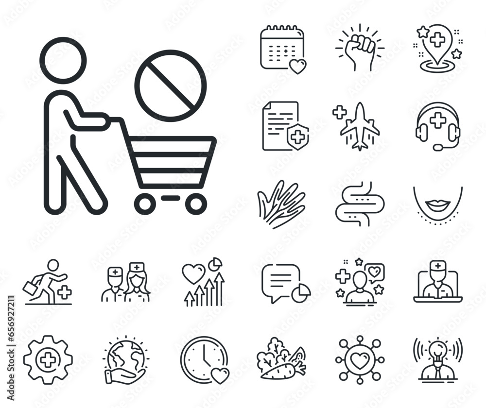 No panic buying sign. Online doctor, patient and medicine outline icons. Stop shopping line icon. Man with shopping cart symbol. Stop shopping line sign. Vector No panic buying sign. Online doctor, patient and medicine outline icons. Stop shopping line icon. Man with shopping cart symbol. Stop shopping line sign. Vector