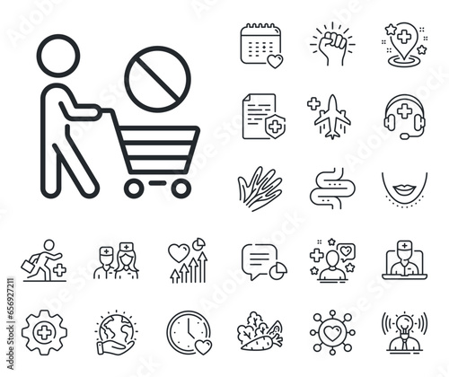 No panic buying sign. Online doctor, patient and medicine outline icons. Stop shopping line icon. Man with shopping cart symbol. Stop shopping line sign. Vector