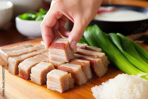 hand arranging pork belly slices over white rice
