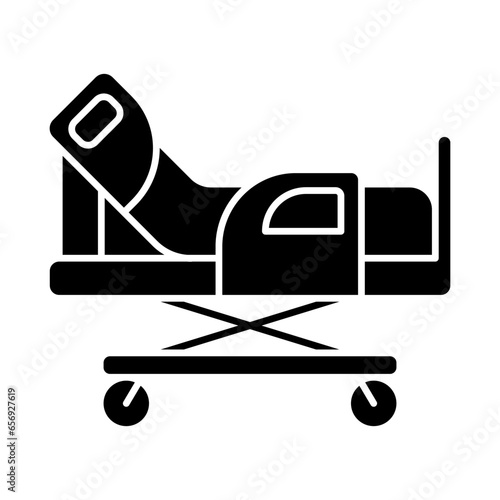 2D pixel perfect glyph style gurney icon, isolated vector, silhouette illustration representing medical care equipment.