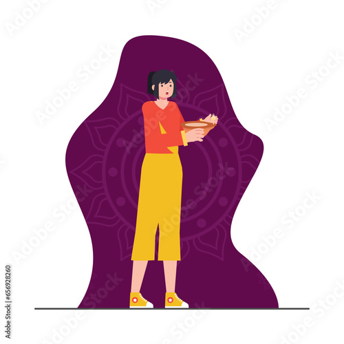 Indian woman holding a lotus flower. Vector illustration in flat style