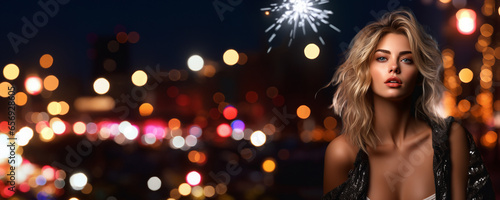 Cosmetic beauty banner with close-up portrait of a beautiful lady with city lights bokeh