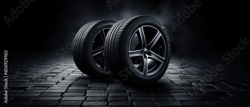 New Car Tires Against Dark Background, Auto Parts Advertisement . Сoncept Car Tires, Dark Background, Auto Parts, Advertisement