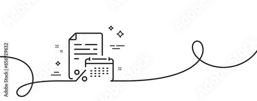 Calendar tax line icon. Continuous one line with curl. Calculate tax rate sign. Payroll report symbol. Calendar tax single outline ribbon. Loop curve pattern. Vector
