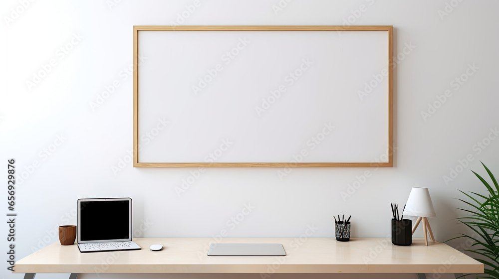Mockup poster frame above office desk, 3d render Mockup poster frame above office desk, 3d render