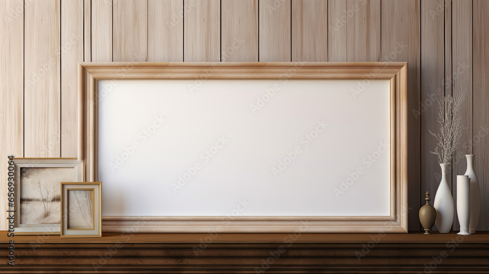 Mockup poster frame on a shelf, 3d render Mockup poster frame on a shelf, 3d render