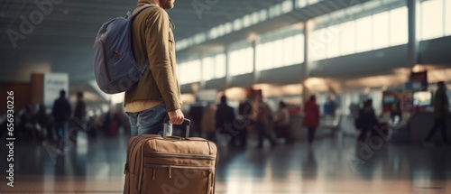 Traveler Anxiously Waits In The Airport Terminal With Luggage photo