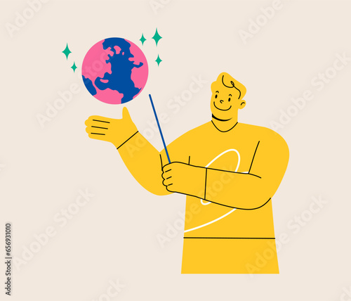 Earth Day. Smiling man holding planet earth model in hands. Caring for Nature. Colorful vector illustration