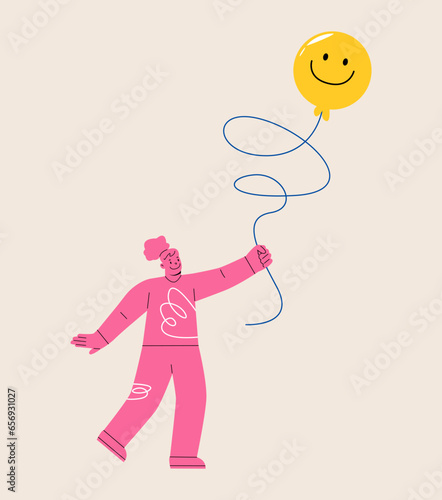 Female pursuit for happy times concept. Chase balloon of joy and optimistic positivity. Colorful vector illustration