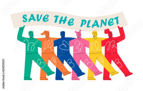 Ecology protest, ecological movement. Environmental activism concept. Colorful vector illustration