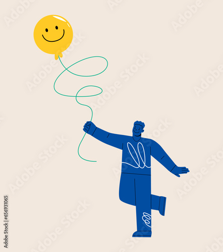 Male pursuit for happy times concept. Chase balloon of joy and optimistic positivity. Colorful vector illustration