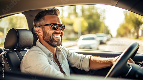 homme souriant au volant de sa voiture