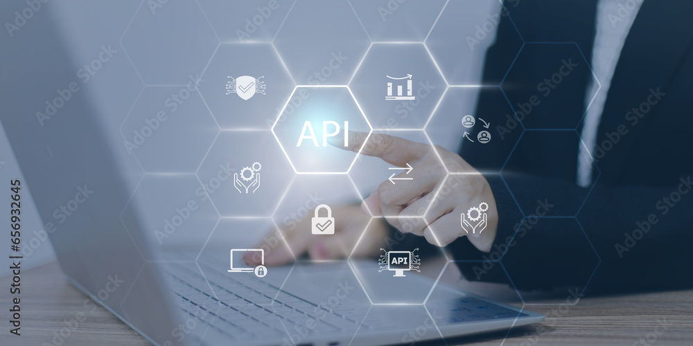 Application Programming Interface (API) on blue background. Software development tool, information technology, modern technology, internet..