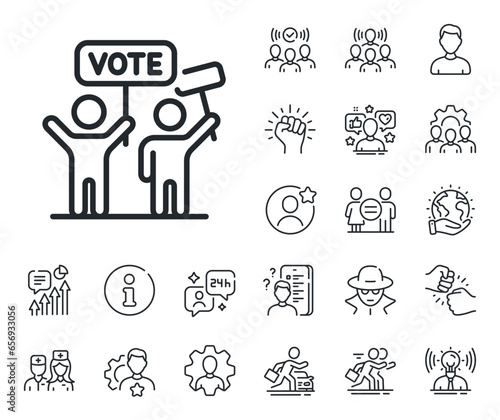 People rally with signs. Specialist, doctor and job competition outline icons. Voting campaign line icon. Public election symbol. Voting campaign line sign. Vector