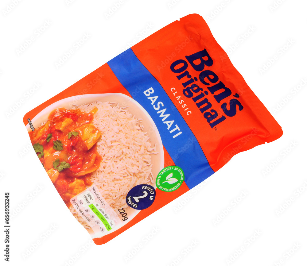 Steamable Rice Packs Bens original steamed basmati rice in a 220g microwavable pouch Stock ...