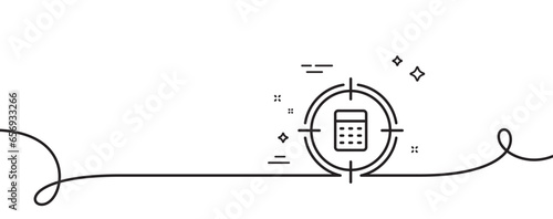 Calculator in target line icon. Continuous one line with curl. Accounting or Audit sign. Calculate finance symbol. Calculator target single outline ribbon. Loop curve pattern. Vector