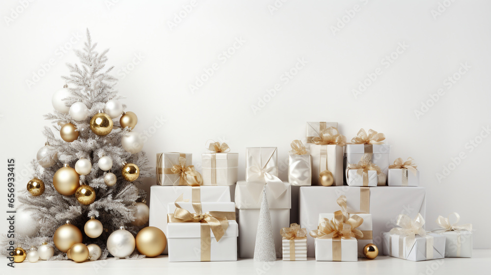 Christmas tree and gift boxes white background